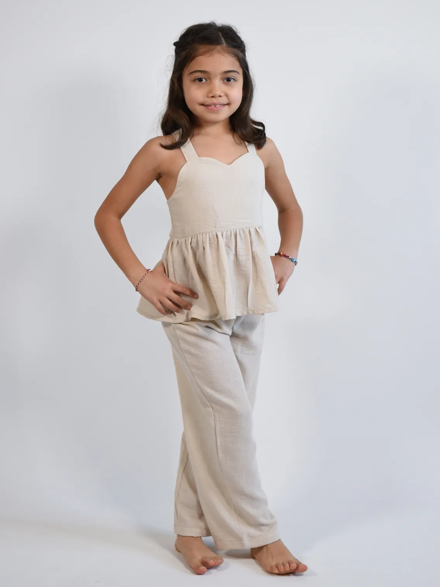 MODAL KETEN Oversize Bluz-Pantolon Takım 2-8 yaş Krem - 5 Yaş