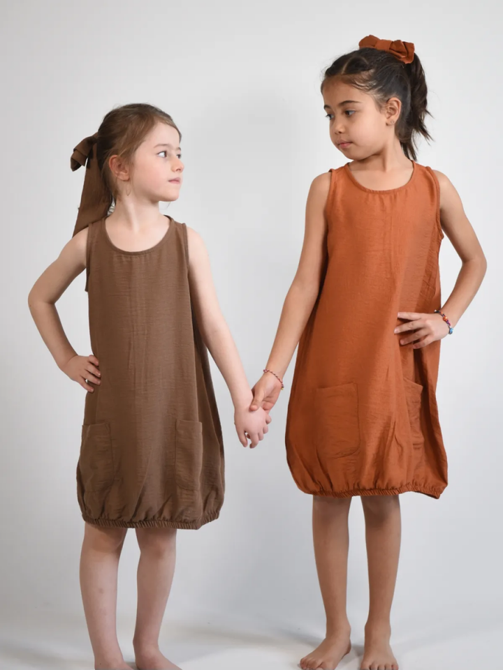 MODAL KETEN OVERSIZE Fermuarlı Elbise 2-8Yaş Kahverengi - 3 Yaş
