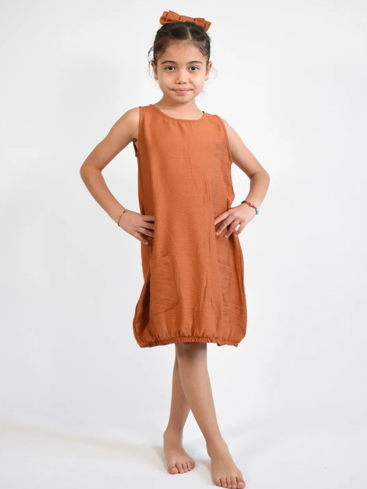 MODAL KETEN OVERSIZE Fermuarlı Elbise 2-8Yaş Kiremit - 6 Yaş