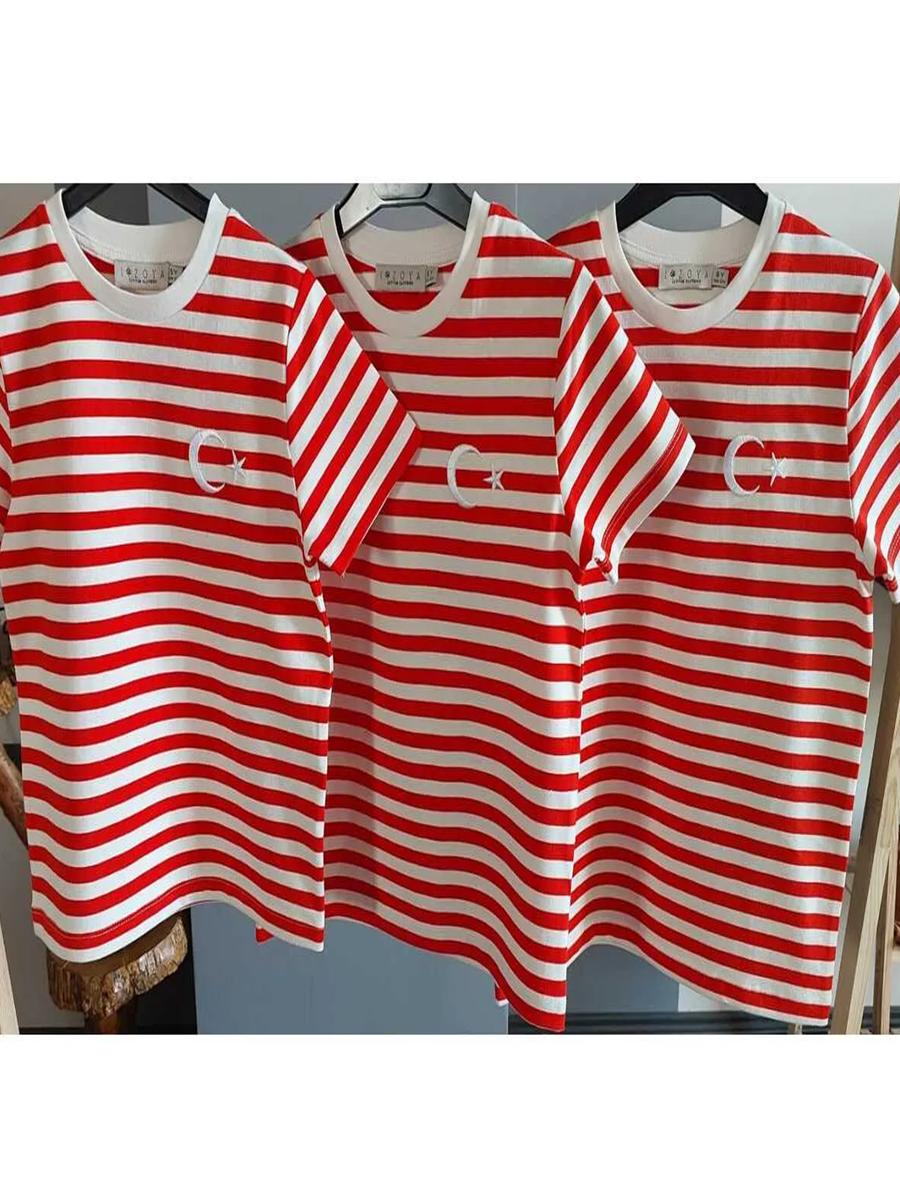 BASIC GROUP ORGANİK Tshirt Loose Fit/Bol Rahat Kesim UNISEX Kırmızı-Beyaz Çizgili Bayrak Nakışlı 5-10 yaş