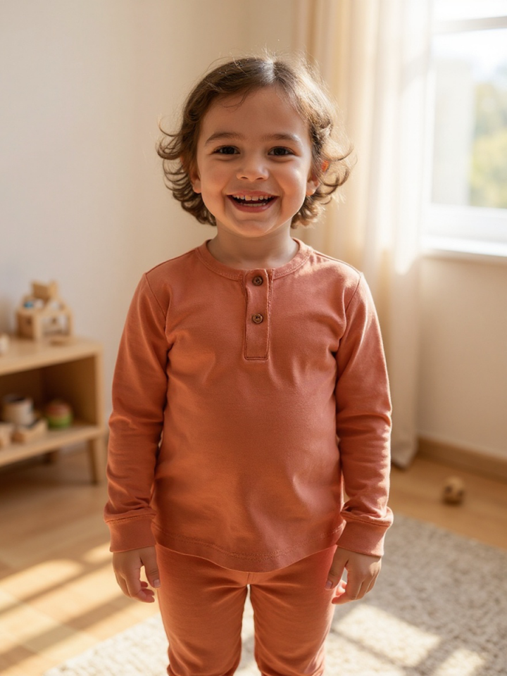 BASIC GROUP ORGANİK %100 Pamuklu Unisex UZUN KOLLU Pijama Takımı 2-10 yaş Kiremit - 3 Yaş
