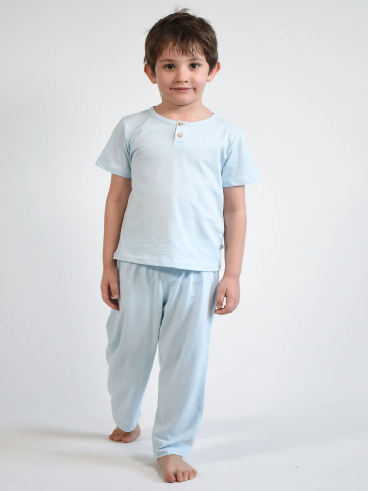 BASIC GROUP ORGANİK %100 Pamuklu Unisex UZUN KOLLU Pijama Takımı 2-10 yaş Mavi - 6 Yaş